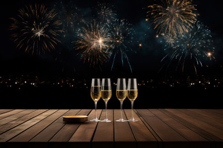 Happy New Year. Dark night with beautiful fireworks and champagne glasses on table.の素材