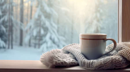 Hot chocolate on wooden windowsill with folded sweater with a view of the winter forest.の素材