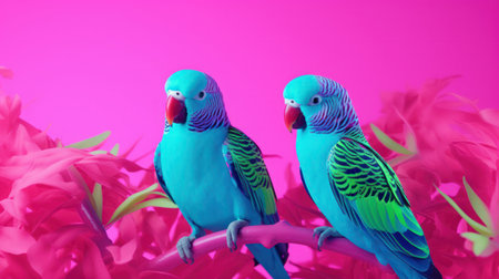 Parrot birds on wood tree branch colorful animal on vibrant background.の素材