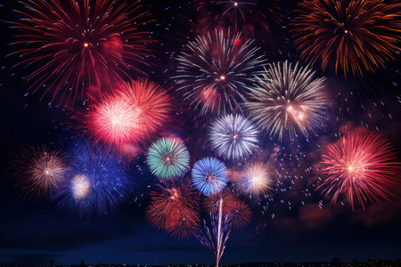 Fireworks with Night Sky Background. New Year or independence day background.の素材