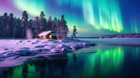 Northern lights or Aurora borealis in the night sky.の素材
