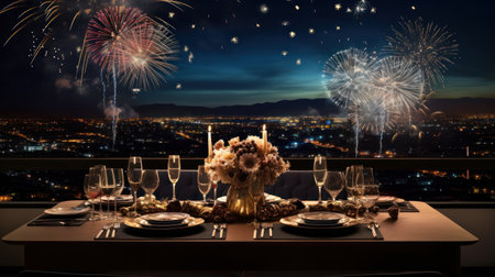 New year dinner table with fireworks in the background.の素材