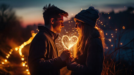 young couple watching heart shape fireworks.の素材