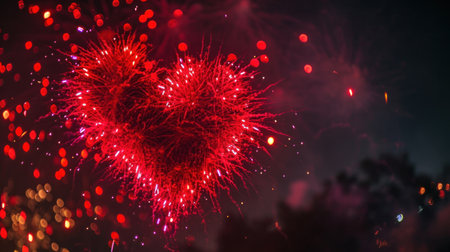 Holiday background for Valentine's Day. Decorative heart of fireworks on night sky backgroundの素材