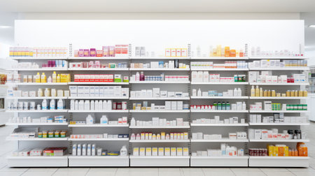 Pharmacy drugstore shelves interior, medical background.の素材