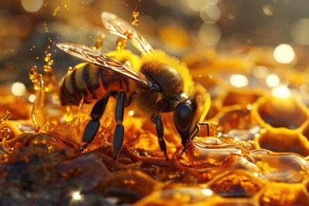 Macro photo of a bee on a honeycomb. World Bee Day. National honey bee dayの素材