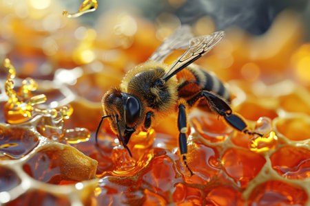 Macro photo of a bee on a honeycomb. World Bee Day. National honey bee dayの素材