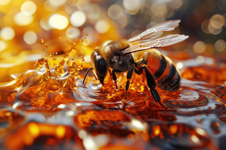 Macro photo of a bee on a honeycomb. World Bee Day. National honey bee dayの素材