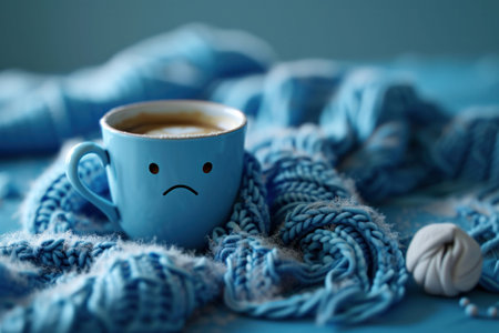 Blue Monday concept. Blue coffee cup with cappuccino coffee and blue scarfの素材