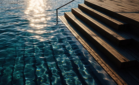 Empty wooden deck swimming pool steps with clear water surface background.の素材