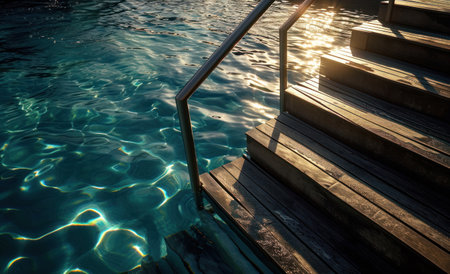 Empty wooden deck swimming pool steps with clear water surface background.の素材