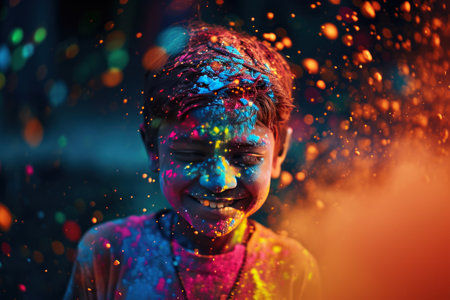 Portrait of a young boy playing holi. Happy Holi.の素材