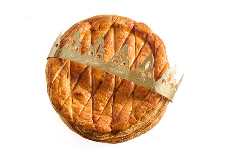 Epiphany cake with crown, top view isolated on white backgroundの写真素材