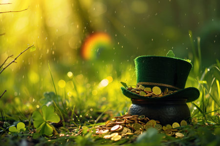 Saint Patricks Day. Pot Full of Golden Coins, Green Hat and Shamrock.の素材
