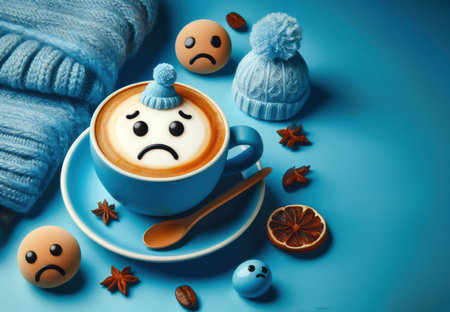 Blue Monday concept. Blue coffee cup with cappuccino coffee and blue scarf.の素材