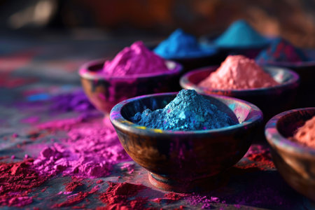 Colorful Happy Holi background. Colored holi powders in a bowls.の素材