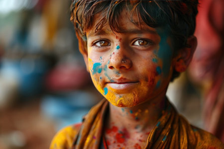 Portrait of a boy with his face covered in Holi colors. Holi festival concept.の素材
