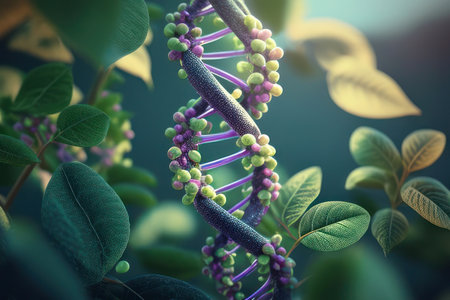 Concept of green biotechnology or synthetic biology. Plant combined with DNA shape.の素材