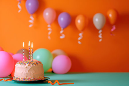 Birthday cake, presents, hats and colorful balloons.の素材