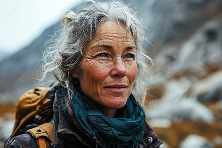 A traveler elderly woman on the background of mountainsの素材