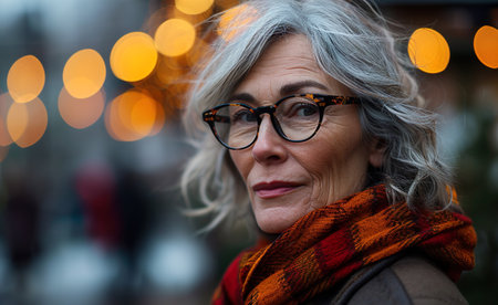 Portrait of stylish old lady on blurred street background.の素材