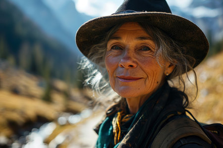 A traveler elderly woman on the background of mountainsの素材