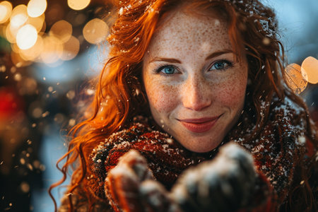 Beauty Winter Girl Blowing Snow in frosty winter Park.の素材