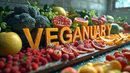 Presentation of vegan diet month in january called Veganuary.の素材