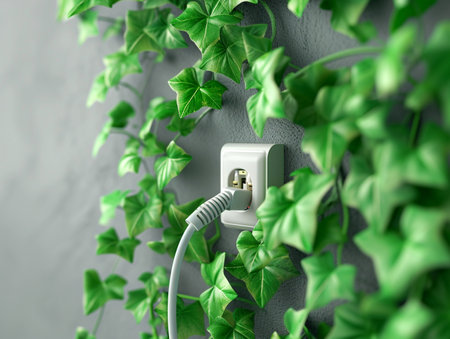 Power cord in wall socket or outlet with fresh leaves. Ecological friendly and sustainable renewable energy concept.の素材