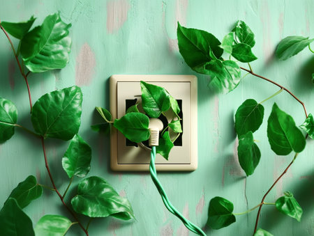 Power cord in wall socket or outlet with fresh leaves. Ecological friendly and sustainable renewable energy concept.の素材