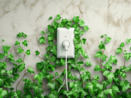 Power cord in wall socket or outlet with fresh leaves. Ecological friendly and sustainable renewable energy concept.の素材
