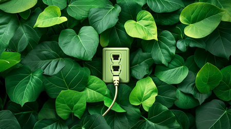 Power cord in wall socket or outlet with fresh leaves. Ecological friendly and sustainable renewable energy concept.の素材