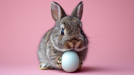 Easter bunny rabbit with painted egg on pastel background. Easter holiday concept.の素材