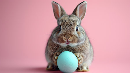 Easter bunny rabbit with painted egg on pastel background. Easter holiday concept.の素材