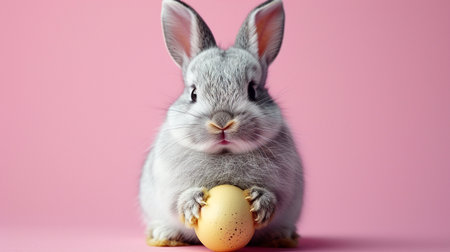 Easter bunny rabbit with painted egg on pastel background. Easter holiday concept.の素材