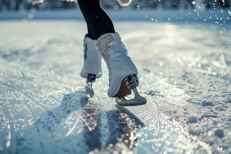 Female legs in figure skating skates sliding on ice arena.の素材