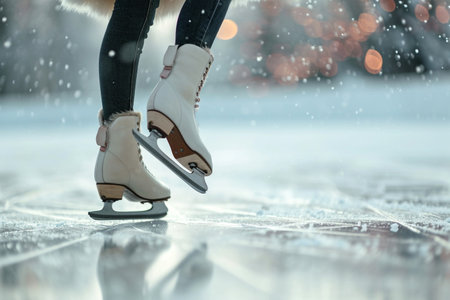 Female legs in figure skating skates sliding on ice arena.の素材