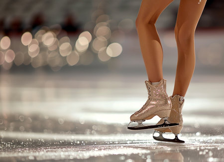 Female legs in figure skating skates sliding on ice arena.の素材
