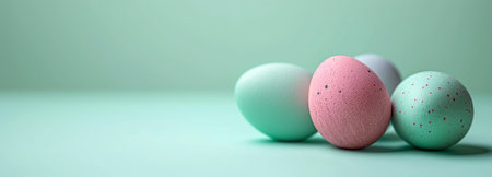 Happy Easter. Colorful Easter eggs with on pastel background.の素材