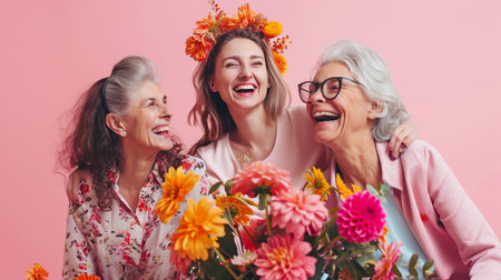 Group of multi-ethnic women standing together with bouquets of flowersの素材