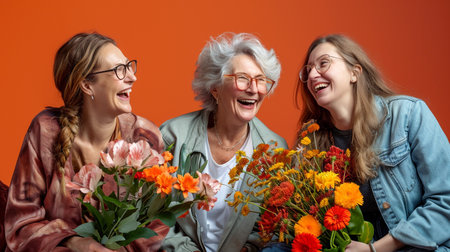 Group of multi-ethnic women standing together with bouquets of flowersの素材
