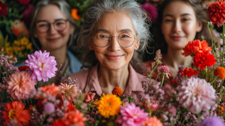 Group of multi-ethnic women standing together with bouquets of flowersの素材