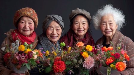 Group of multi-ethnic women standing together with bouquets of flowersの素材