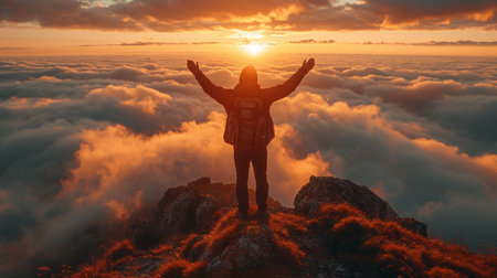 Hiker with arms up standing on the top of the mountain Successful man enjoying triumph.の素材