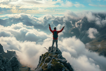 Hiker with arms up standing on the top of the mountain Successful man enjoying triumph.の素材