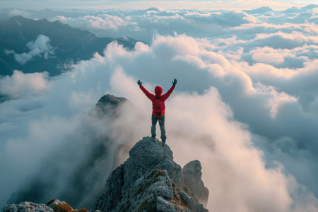 Hiker with arms up standing on the top of the mountain Successful man enjoying triumph.の素材