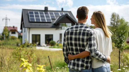 Back view of happy family is standing near their new modern house.の素材