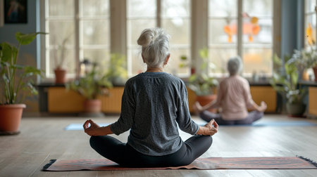 Eldery womans practicing yoga in studio.の素材