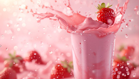 glass of strawberry smoothie or milkshake with splash and falling strawberries.の素材