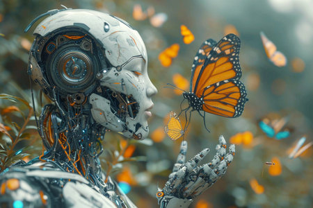Butterfly on robot hand, technology and nature.の素材
